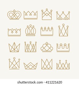 Set of gold crown icons. Collection of crown awards for winners, champions, leadership. Vector isolated elements for logo, label, game, website, hotel, an app design.  King, queen or princess crown. 