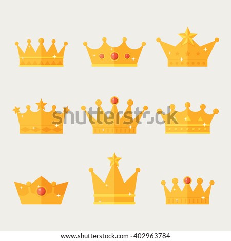 Set of gold crown icons. Collection of crown awards for winners, champions, leadership. Vector isolated elements for logo, label, game,  hotel, an app design. Royal king, queen, princess crown. 