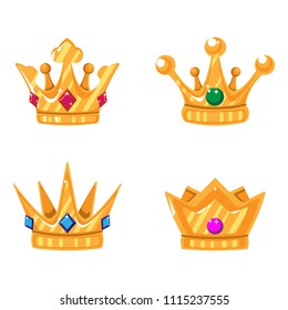 Set of gold crown icons with gems. Collection of crown awards for winners, champions, leadership. Vector isolated elements for game, hotel, an app design. Royal king, queen, princess crown.Isolated.