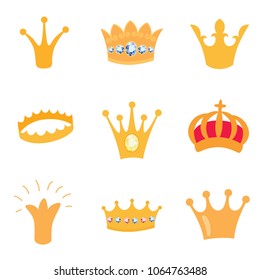 Set of gold crown icons. Vector isolated elements for logo, label, game, hotel, an app design. Royal king, queen, princess crown.