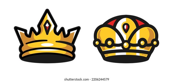Set of gold crown icons. Vector isolated elements for logo, label, game, luxury, an app design. Royal king, queen, princess crown.