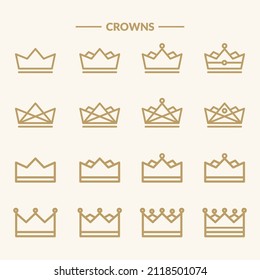Set of Gold Crown vector designs collection| Royal crown icons | crown line icons collection 