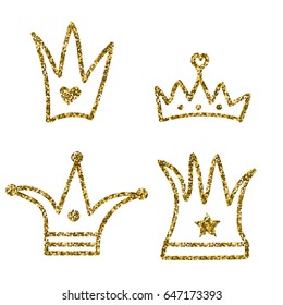 Set of gold crowns. Doodle. Vector illustration. Cartoon.