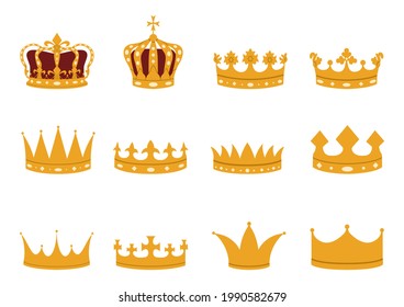 Conjunto de coronas de oro de estilo plano. Coronas imperiales, reales, principescas, monárquicas, ducales y de condado.