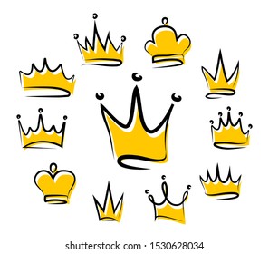 Set of gold crowns. Hand drawn crowns. Logo. Print for t-shirts, mugs, pillows, etc.