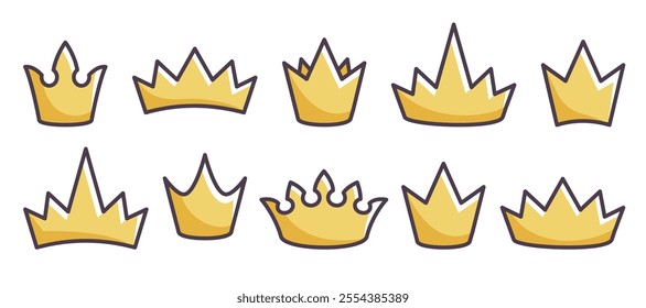 Set of gold crowns for king, queen. Crown icons. Collection of cartoon vintage royal crowns isolated on white background. Royalty symbol. Vector flat illustration 