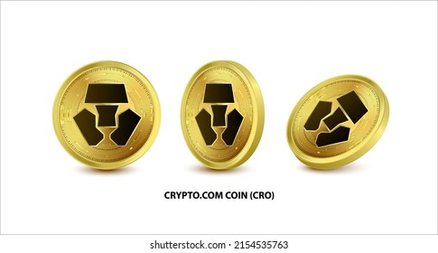 Set of Gold Crypto.com Coin (CRO) Vector illustration. Digital currency. Cryptocurrency. Golden coins with bitcoin, ripple and ethereum symbol isolated on white background. 3D isometric Physical coins