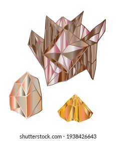 set of gold crystals. Vector illustration of a collection of minerals isolated on a white background. Alternative medicine. Treatment with stones.