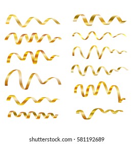 Set of gold curling streamers or ribbons on white background. Elements for your holiday design (birthday, festive carnival, party greeting). Vector illustration. 