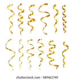 Set of gold curling streamers or ribbons on white background. Elements for your holiday design (birthday, festive carnival, party greeting). Vector illustration. 