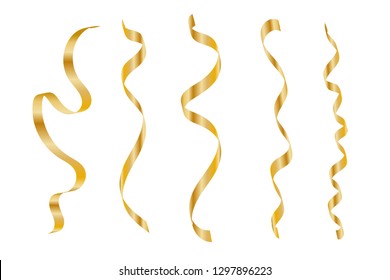 Set Gold Curly Ribbons Isolated On White Background. Vector Illustration