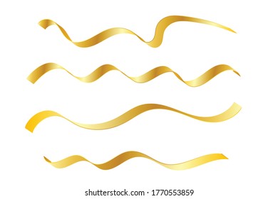 Set Gold Curly Ribbons Isolated On White Background. Vector Illustration