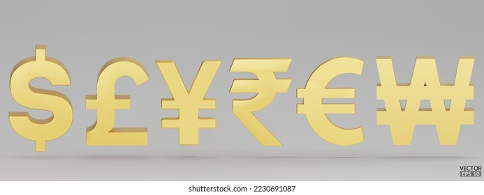 Set of gold currency symbol isolated on white background. Dollar, British Pounds, Japanese yen, Indian Rupee, Euro and Korean Won sign. 3D golden money currency signs. 3D vector Illustration.