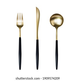 Set of gold cutlery isolated on white background, vector illustration. Realistic, 3D. Restaurant design, cafe.