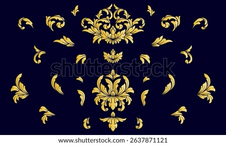 Set gold damask baroque ornament with swirl scroll art deco element. Luxury Arabesque Ornamental
