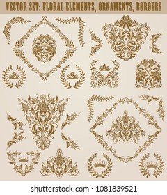 Set of gold damask ornaments. Floral element, ornate border, corner, crown, frame, laurel wreath for design. Page, web royal decoration on black background in vintage style. Vector illustration.