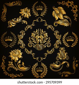 Set of gold damask ornaments. Floral element, ornate border, corner, crown, frame, laurel wreath for design. Page, web royal decoration on black background in vintage style. Vector illustration EPS 10