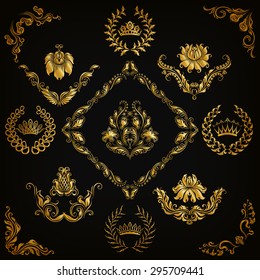 Set of gold damask ornaments. Floral element, ornate border, corner, crown, frame, laurel wreath for design. Page, web royal decoration on black background in vintage style. Vector illustration EPS 10