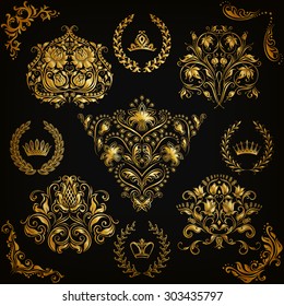 Set of gold damask ornaments. Floral element, ornate border, corner, crown, frame, laurel wreath for design. Page, web royal decoration on black background in vintage style. Vector illustration EPS 10