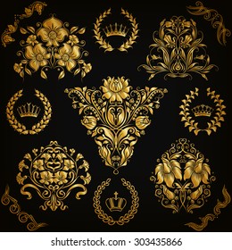 Set of gold damask ornaments. Floral element, ornate border, corner, crown, frame, laurel wreath for design. Page, web royal decoration on black background in vintage style. Vector illustration EPS 10