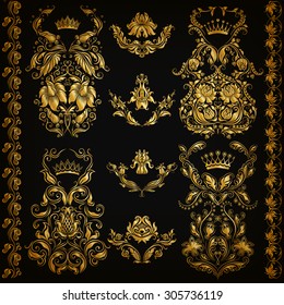 Set of gold damask ornaments. Floral elements, ornate borders, filigree crowns, arabesque for design. Page, web royal golden decoration on black background in vintage style. Vector illustration EPS 10