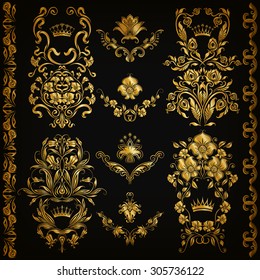 Set of gold damask ornaments. Floral elements, ornate borders, filigree crowns, arabesque for design. Page, web royal golden decoration on black background in vintage style. Vector illustration EPS 10