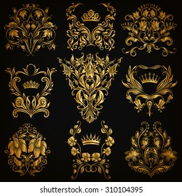 Set Of Gold Damask Ornaments. Floral Elements, Ornate Borders, Filigree Crowns, Arabesque For Design. Page, Web Royal Golden Decoration On Black Background In Vintage Style. Vector Illustration EPS 10