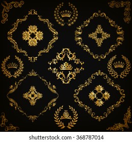 Set of gold damask ornaments. Floral element, ornate border, corner, crown, frame, laurel wreath for design. Page, web royal decoration on black background in vintage style. Vector illustration EPS 10