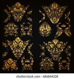 Set of gold damask ornaments. Floral elements, corners, ornate borders, filigree crowns, arabesque for design. Page, web royal decoration on background in vintage style. Vector illustration EPS 10