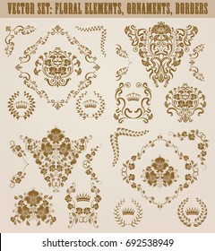 Set of gold damask ornaments. Floral element, ornate border, corner, crown, frame, laurel wreath for design. Page, web royal decoration on black background in vintage style. Vector illustration.
