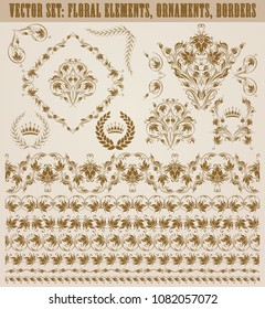 Set of gold damask seamless ornaments, floral elements, corners, ornate borders, filigree crowns, arabesque for design. Page, web royal decoration on background in vintage style. Vector illustration.