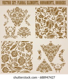 Set of gold damask seamless ornaments. Floral elements, corners, ornate borders, filigree crowns, arabesque for design. Page, web royal decoration on background in vintage style. Vector illustration.