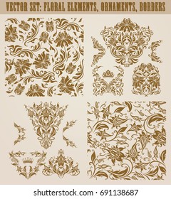 Set of gold damask seamless ornaments. Floral elements, corners, ornate borders, filigree crowns, arabesque for design. Page, web royal decoration on background in vintage style. Vector illustration.