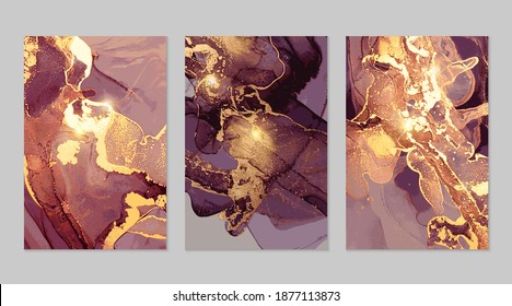 Set of gold and dark purple posters with geode. Marble abstract pattern. Alcohol ink technique stone texture. Vector background. Modern paint with glitter. Banner, poster design template.