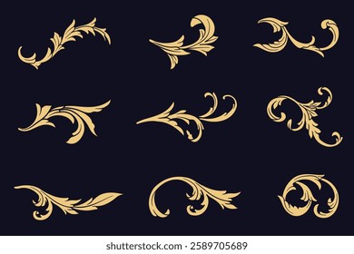 Set of gold decorative elements in Baroque ornamental. Elegant golden Ornate Arabic baroque ornaments vector calligraphic symbols.