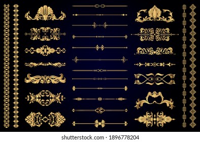 Set Of Gold Decorative Elements For Book Decoration, Holidays And Wedding Decor, Vector Illustration