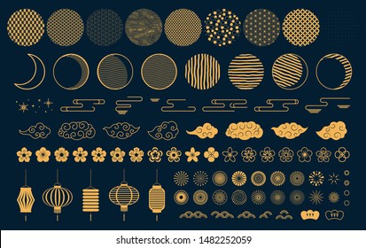 Set of gold decorative elements in oriental style with moon, stars, clouds, pattern circles, lanterns, fireworks, flowers, for Chinese New Year, Mid Autumn. Isolated objects. Vector illustration.