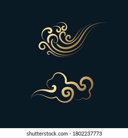 Set of gold decorative elements in oriental style with cloud pattern, for korean New Year, thanksgiving day.