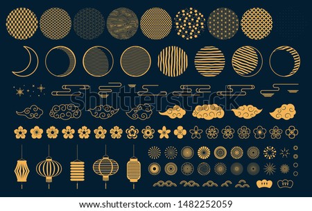 Set of gold decorative elements in oriental style with moon, stars, clouds, pattern circles, lanterns, fireworks, flowers, for Chinese New Year, Mid Autumn. Isolated objects. Vector illustration.