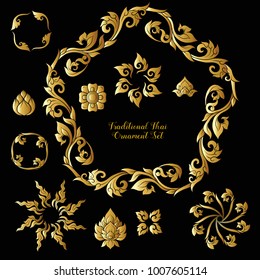 Set of gold decorative elements of traditional Thai ornament. Stock vector illustration.