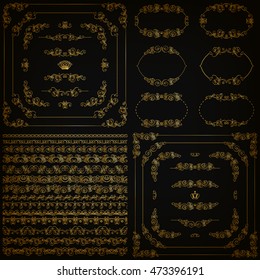 Set of gold decorative hand-drawn floral element, corner, seamless borders, frames, filigree dividers, crown on black background. Page, web site decoration in vintage style. Vector illustration EPS 10