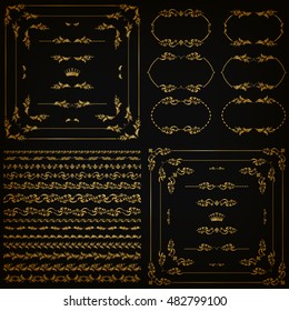 Set of gold decorative hand-drawn floral element, corner, seamless borders, frames, filigree dividers, crown on black background. Page, web site decoration in vintage style. Vector illustration EPS 10