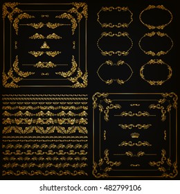 Set of gold decorative hand-drawn floral element, corner, seamless borders, frames, filigree dividers, crown on black background. Page, web site decoration in vintage style. Vector illustration EPS 10