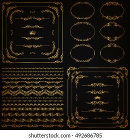 Set of gold decorative hand-drawn floral element, corner, seamless borders, frames, filigree dividers, crown on black background. Page, web site decoration in vintage style. Vector illustration EPS 10