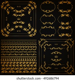 Set of gold decorative hand-drawn floral element, corner, seamless borders, frames, filigree dividers, crown on black background. Page, web site decoration in vintage style. Vector illustration EPS 10