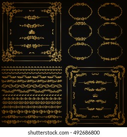 Set of gold decorative hand-drawn floral element, corner, seamless borders, frames, filigree dividers, crown on black background. Page, web site decoration in vintage style. Vector illustration EPS 10