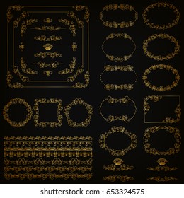 Set of gold decorative hand-drawn floral element, corner, borders, frames, filigree dividers, crown on background. Page, web site decoration in vintage style. Vector illustration EPS 10
