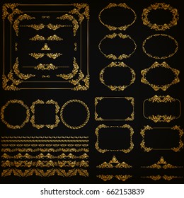 Set of gold decorative hand-drawn floral element, corner, seamless borders, frames, filigree dividers, crown on black background. Page, web site decoration in vintage style. Vector illustration EPS 10