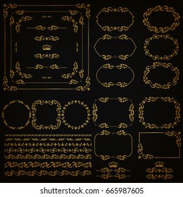 Set of gold decorative hand-drawn floral element, corner, seamless borders, frames, filigree dividers, crown on black background. Page, web site decoration in vintage style. Vector illustration EPS 10