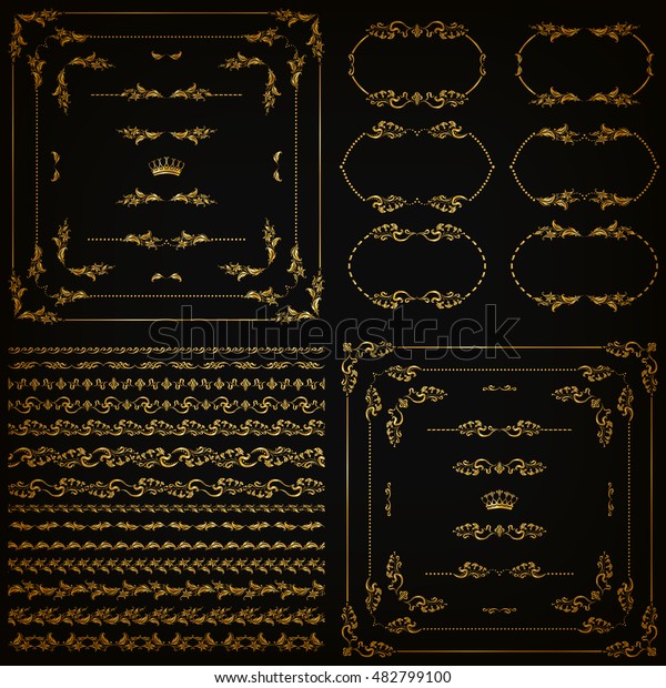 Set of gold decorative hand-drawn floral element,
corner, seamless borders, frames, filigree dividers, crown on black
background. Page, web site decoration in vintage style. Vector
illustration EPS 10